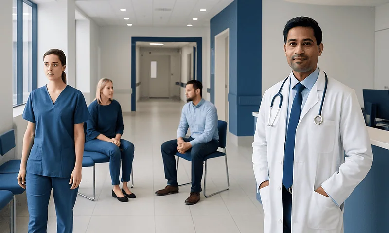 Medical team at a hospital waiting area with doctor and patients.