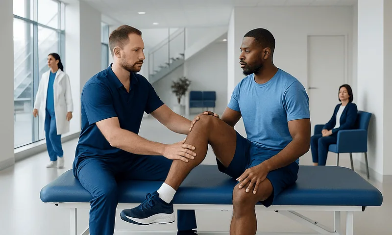 Physiotherapist examining patient's knee in a modern clinic setting.