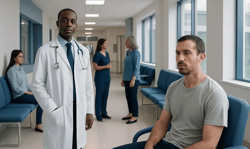 Doctor consulting with patient in hospital corridor with other staff in background.