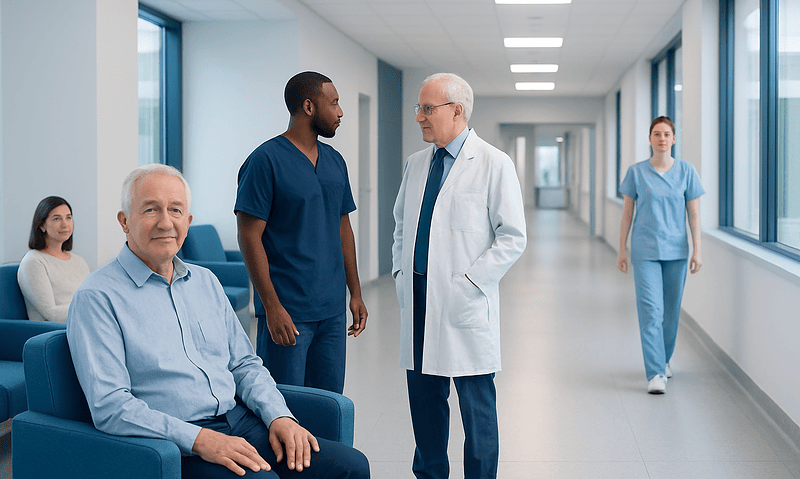 Medical team consulting with patient in hospital corridor.