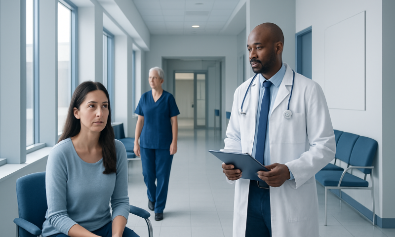 Doctor consulting a patient in a hospital corridor.