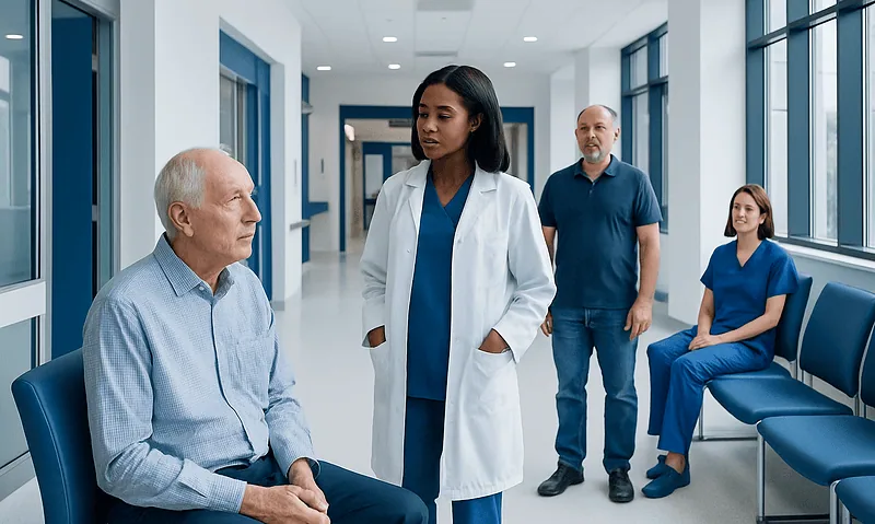 Side Effects of Hormone Therapy for Prostate Cancer: What to Expect and How to Manage 2 Medical team consulting with elderly patient in hospital corridor.