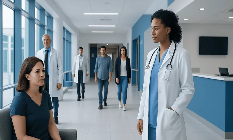 Doctor consulting a patient in a modern hospital corridor.