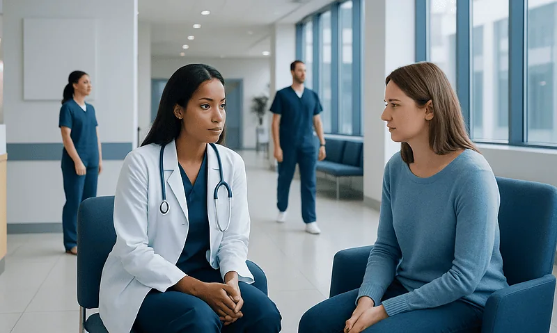 Doctor consulting a patient in a modern hospital corridor.