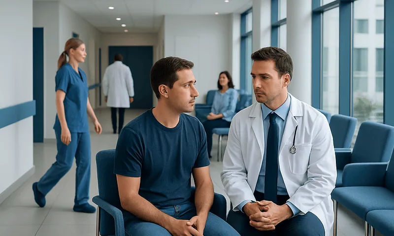 Doctor consulting male patient in hospital corridor.