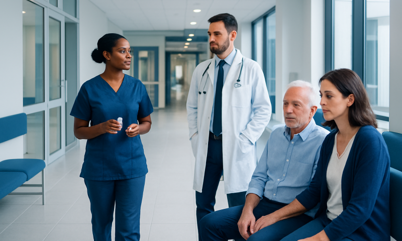 Medical team consulting with elderly patient in hospital corridor.