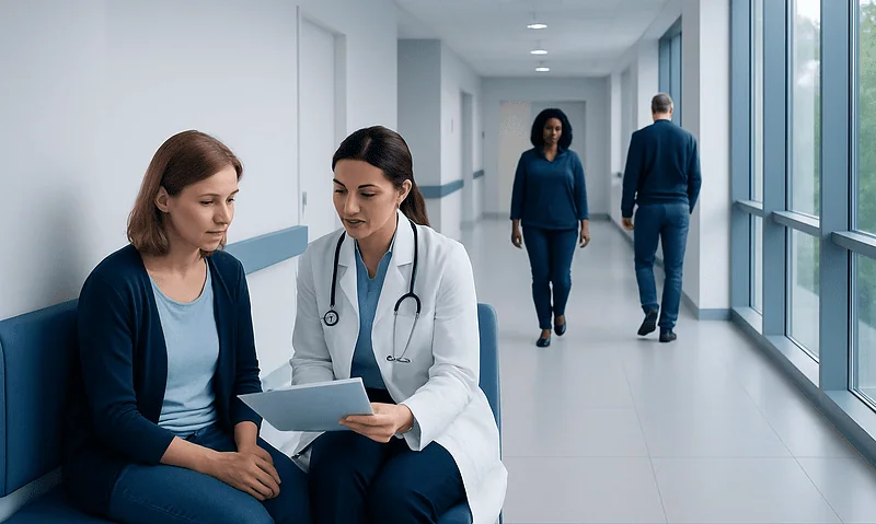Doctor consulting with a patient in a hospital corridor.