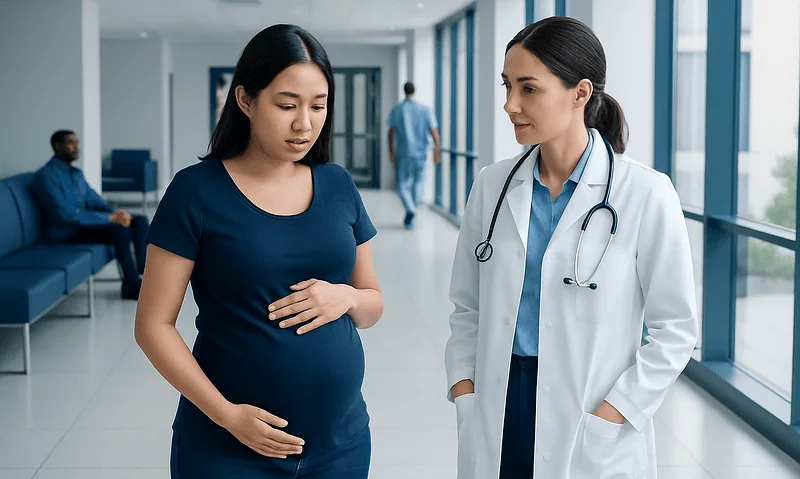 Pregnant woman consulting with a doctor in hospital corridor.