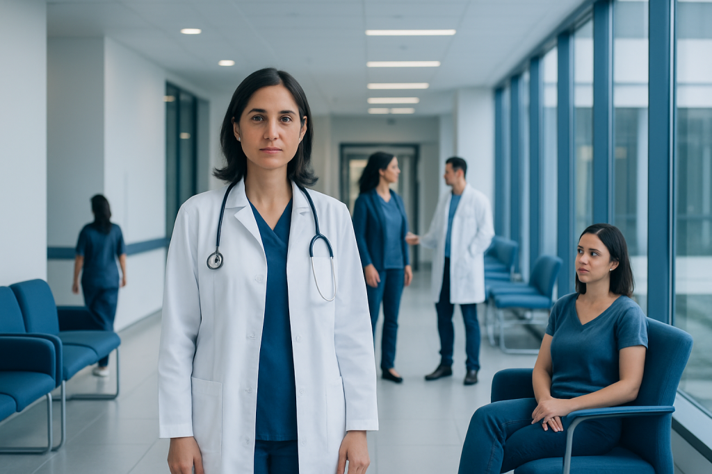 Hysterectomy for Endometriosis: An Evidence-Based Patient Guide 1 Medical team in hospital corridor with patient waiting area.