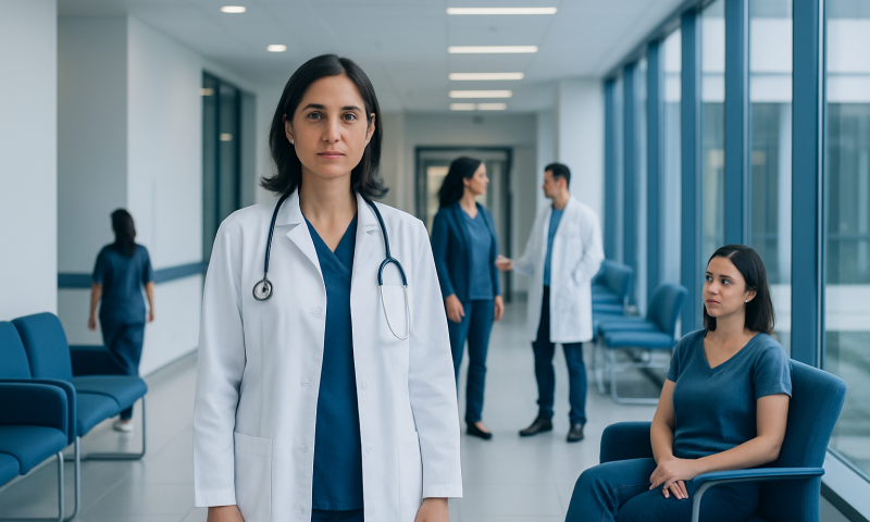 Medical team in hospital corridor with patient waiting area.
