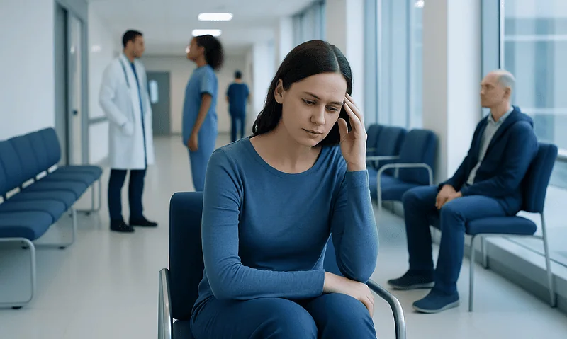 Young woman experiencing headache in hospital waiting area.