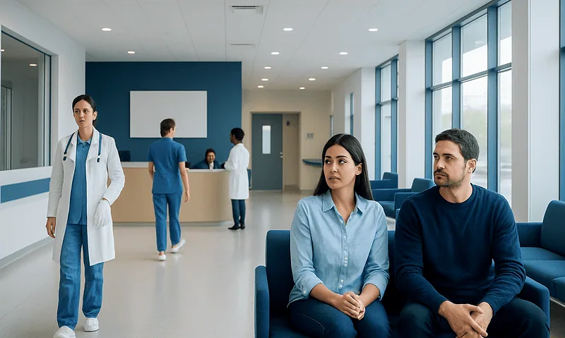 Patients waiting in a modern hospital waiting area with medical staff nearby.