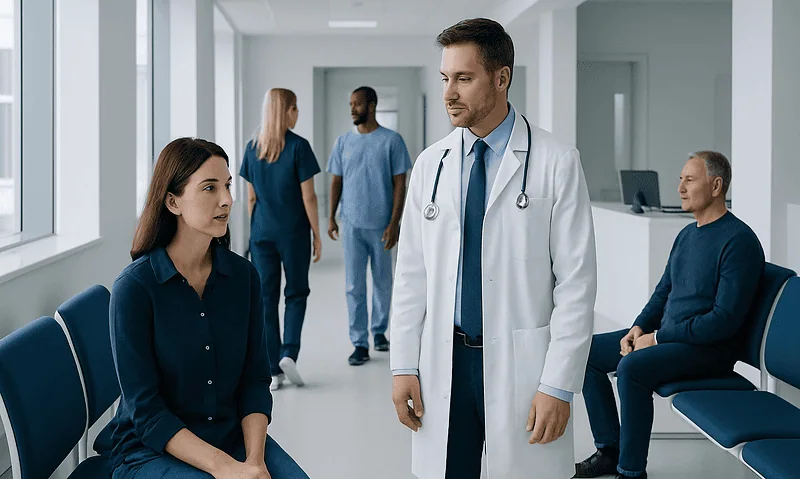 Doctor consulting patient in hospital corridor with medical staff in background.
