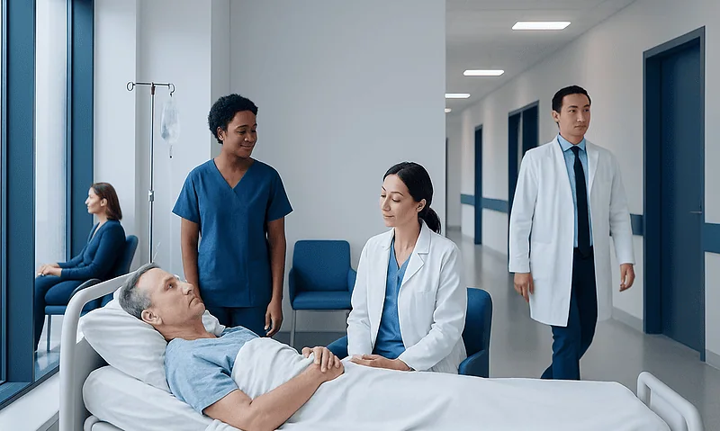 Medical team consulting a patient in a hospital room at Acibadem Hospitals Group.