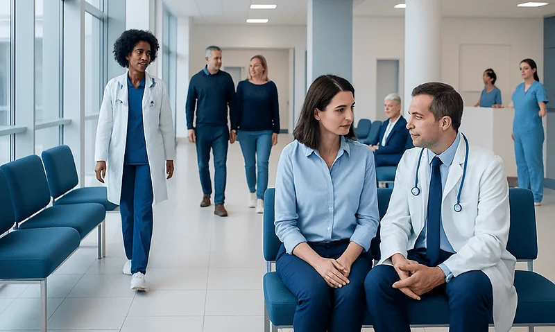 Immunotherapy for Rectal Cancer: How It Works, Results and What to Expect 9 Medical consultation in a hospital waiting area with healthcare professionals and patients.