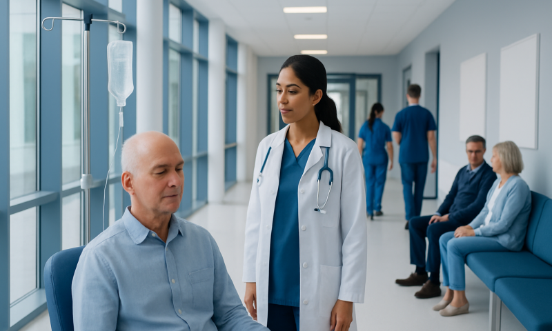 Doctor consulting a patient in a hospital corridor with other patients in the background.