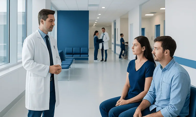 Doctor consulting with patients in a modern hospital corridor.