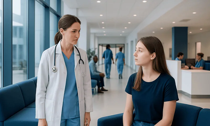 Doctor consulting young female patient in hospital corridor.