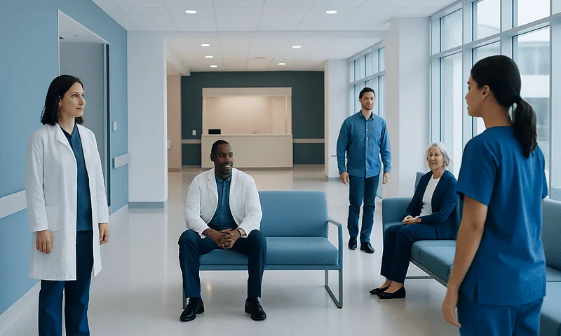 Medical team in hospital waiting area discussing patient care.