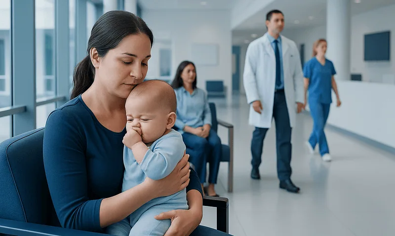 Mother holding crying baby in hospital waiting area with medical staff in background.
