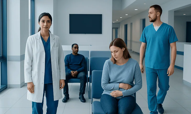 Medical team consulting with patient in hospital waiting area.