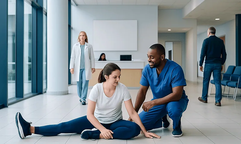 Medical professional assisting a patient with a stretching exercise in a hospital lobby.