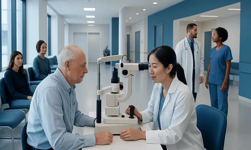 Ophthalmologist examining elderly patient's eye with slit lamp in clinic.