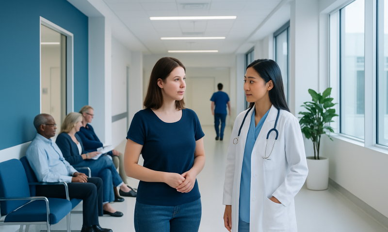 Doctor talking to patient in hospital corridor with waiting area.