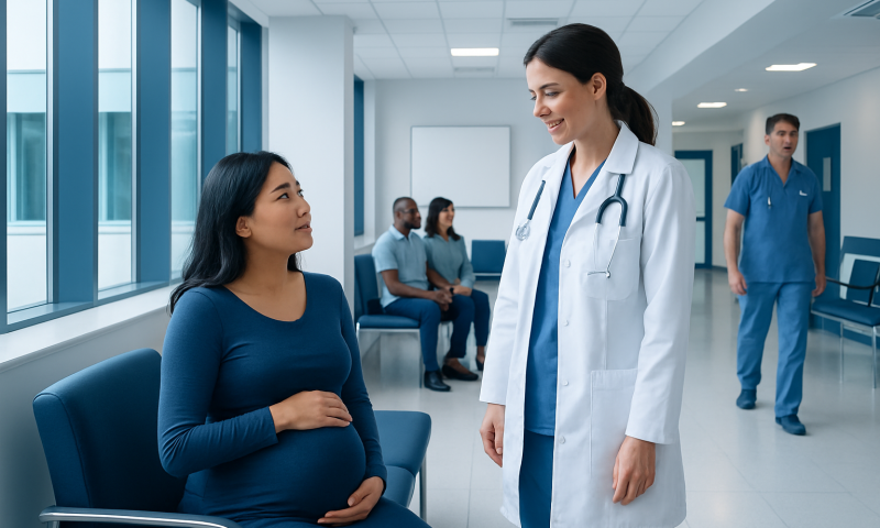 Pregnant woman consulting with a doctor in a hospital corridor.