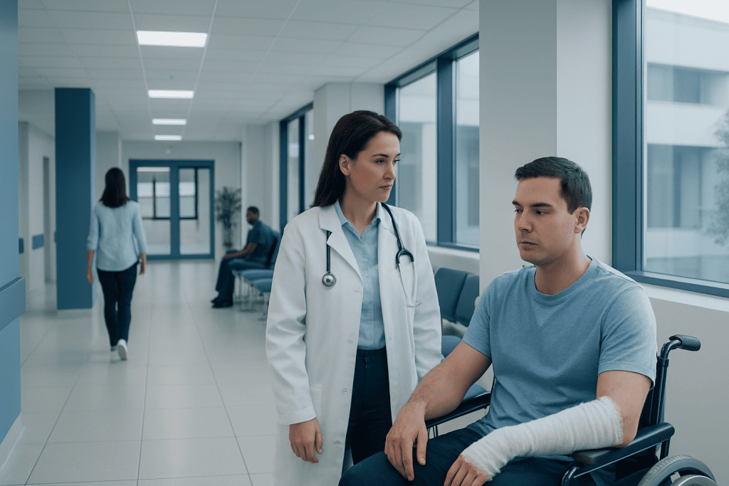 3Rd Degree Burn Treatment: How It Works, Results and What to Expect 1 Doctor consulting a patient with arm injury in hospital corridor.