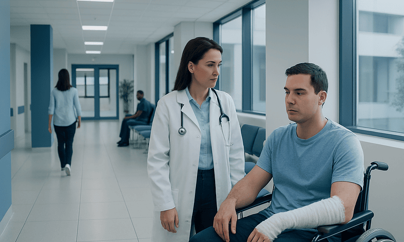 Doctor consulting a patient with arm injury in hospital corridor.