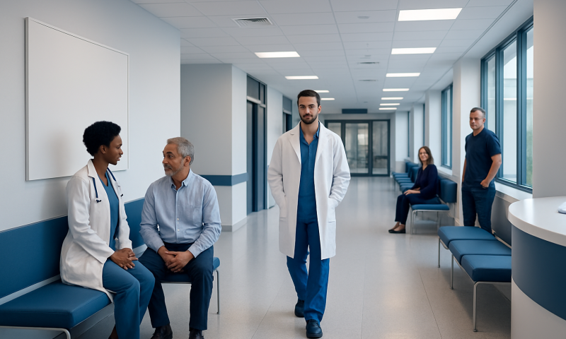 Medical professionals consulting with a patient in a hospital corridor.
