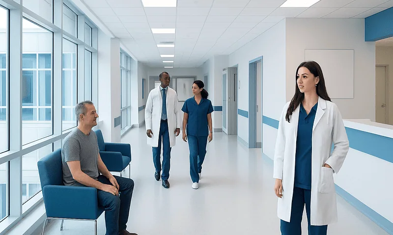 Healthcare professionals and patient in a modern hospital corridor.