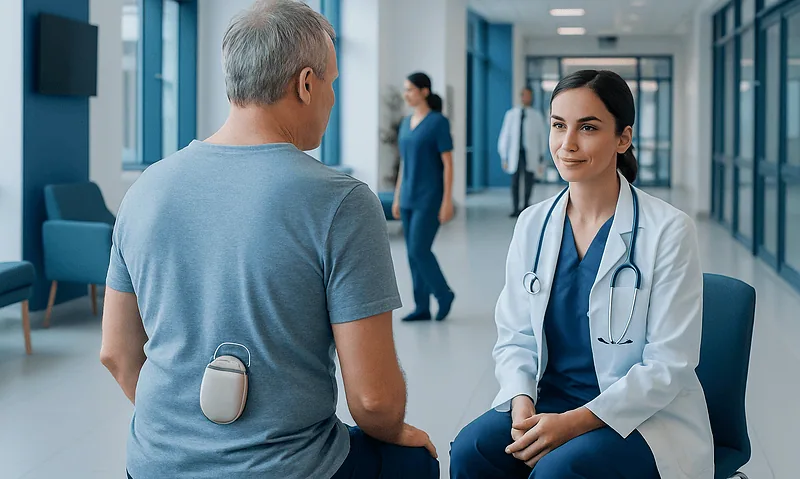 Back Stimulation Implant: An Evidence-Based Patient Guide 6 Doctor consulting with a patient in a hospital corridor.