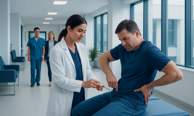 Doctor preparing for back pain injection consultation with patient in clinic.