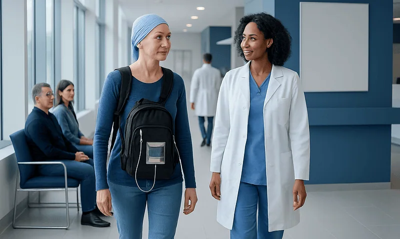 Patient talking to a healthcare professional in a hospital corridor.