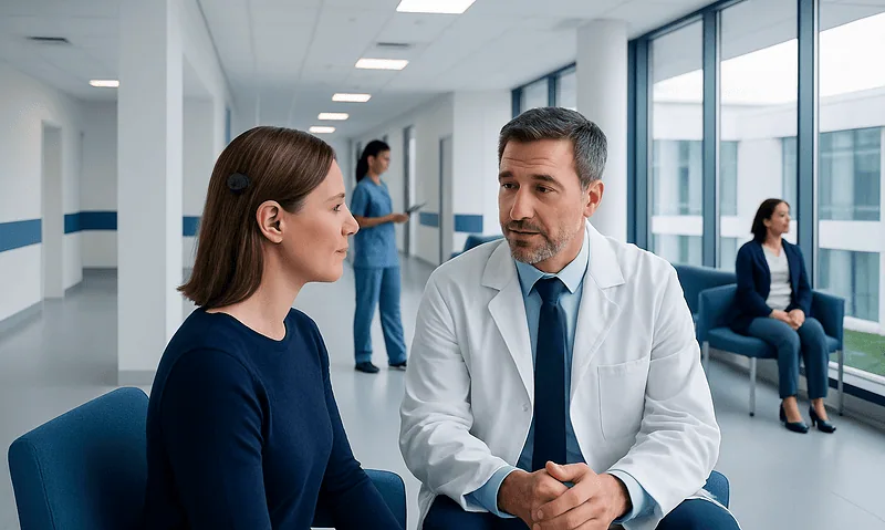 Doctor consulting with a patient in a modern hospital corridor.