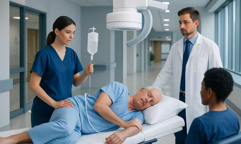Patient lying on hospital bed with medical staff preparing for procedure.