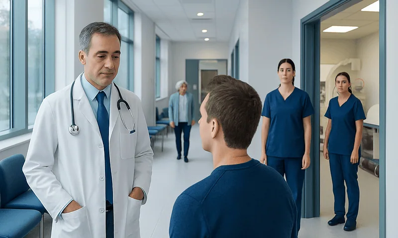 Doctor consulting patient in hospital corridor with nurses nearby.
