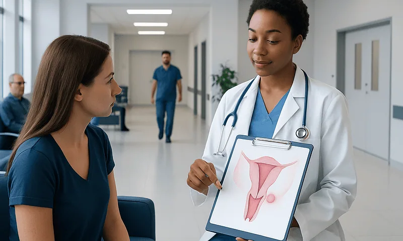 Doctor explaining uterine anatomy to a patient in a hospital corridor.