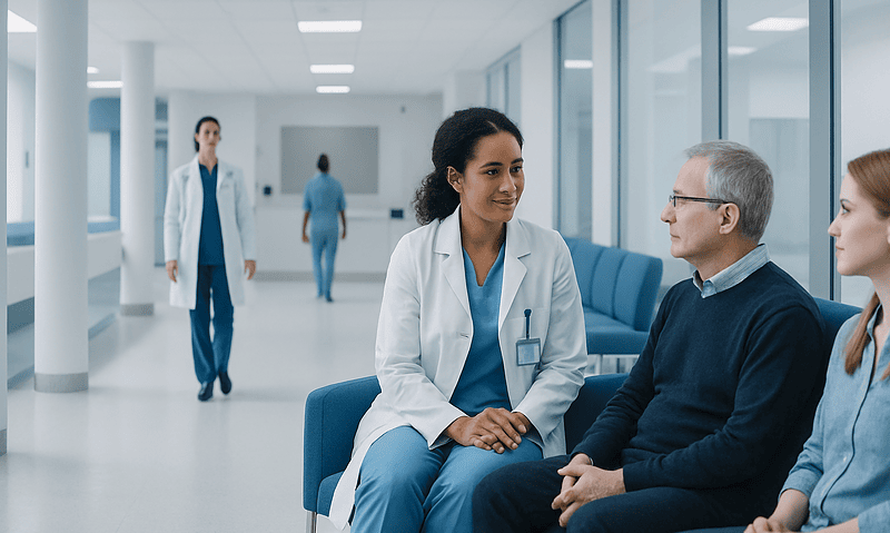Healthcare professionals consulting with a patient in a hospital corridor.