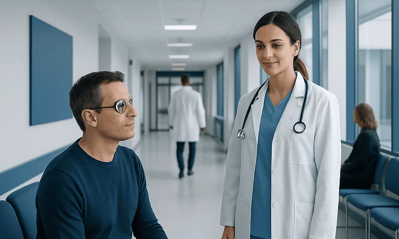 Doctor consulting with patient in hospital corridor.
