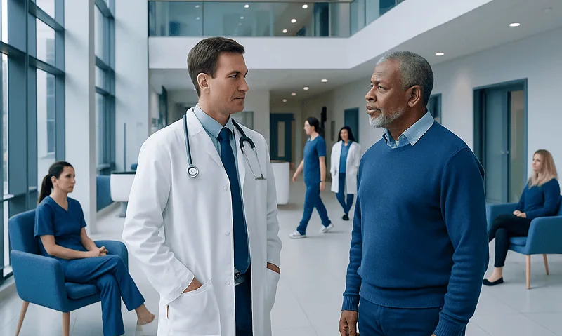 Doctor consulting with an elderly patient in a modern hospital lobby.
