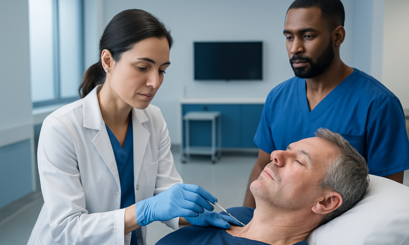 Doctor preparing for a biopsy procedure on a patient in a hospital room.