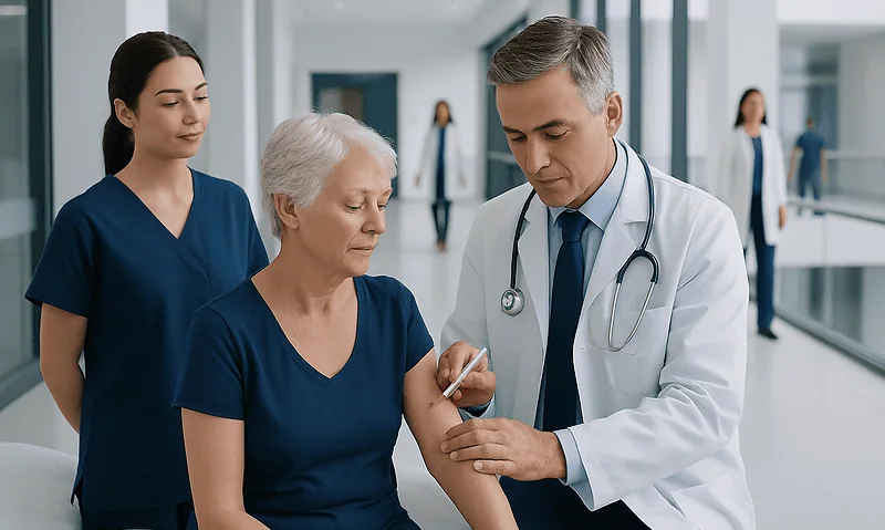 Doctor examining elderly woman's arm in hospital corridor.