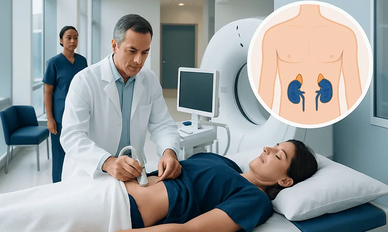 Doctor performing adrenal gland ultrasound on patient in hospital.