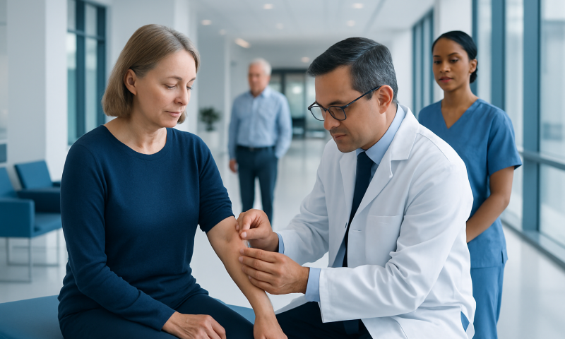 Doctor examining a patient's arm in a modern hospital corridor.