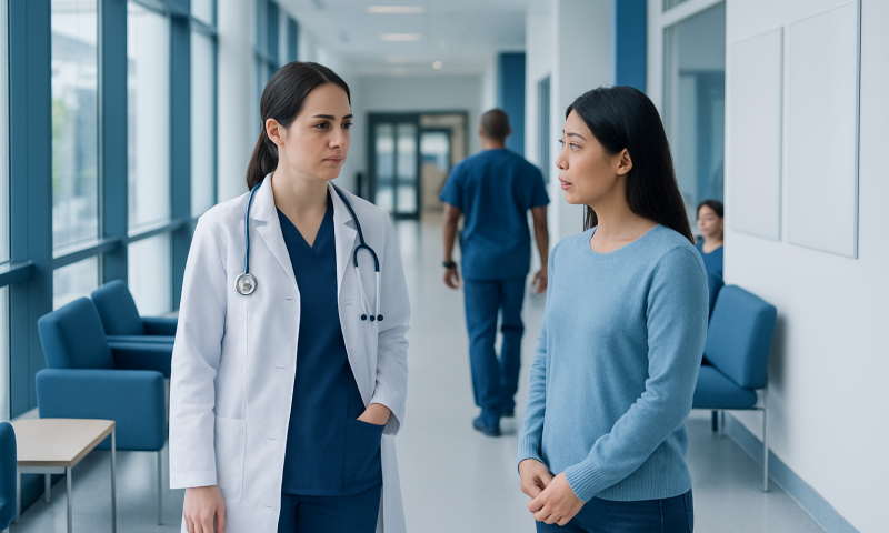 Doctor and patient having a conversation in a hospital corridor.