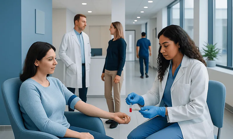 Medical professional drawing blood from a patient in a hospital corridor.