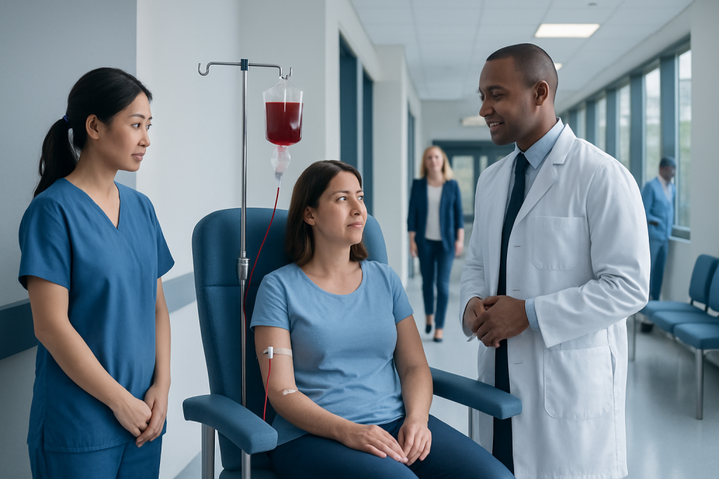 What Is a Blood Infusion: Procedure, Recovery and Results 1 Patient receiving blood infusion in hospital with medical staff present.